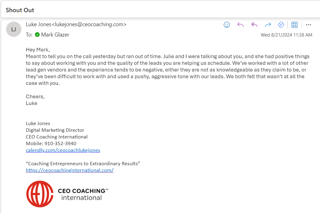 Email from Luke Jones, CEO Coaching International, on ReplyLead lead quality