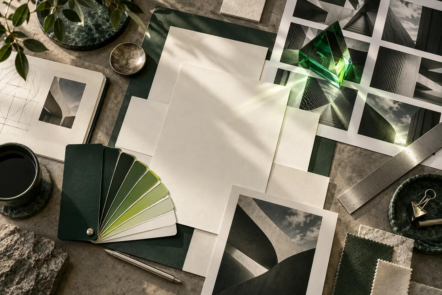 Conceptual creative studio desk with ivory print layouts, green material swatches and a glass prism.