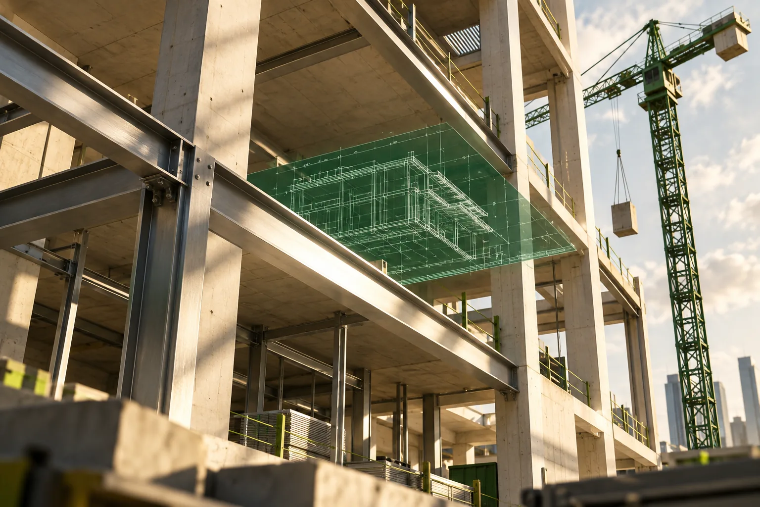 Conceptual unfinished commercial structure with a crane and translucent green blueprint plane.