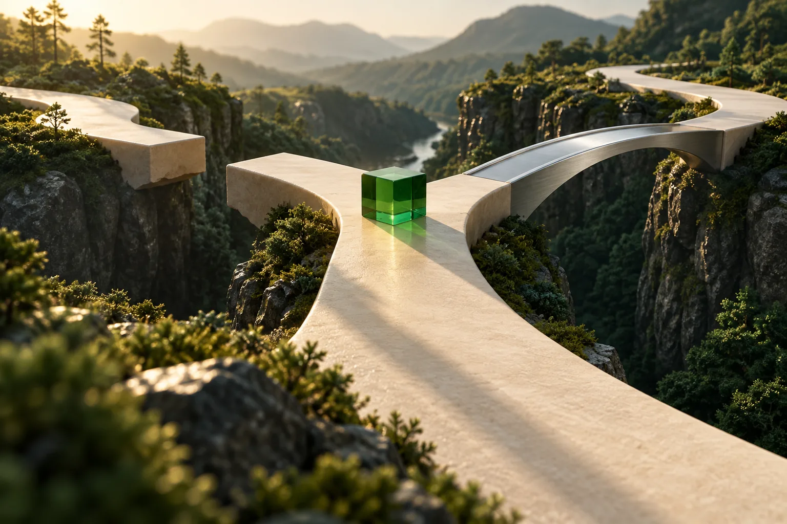 Conceptual branching ivory paths with one completed metal bridge and an emerald decision marker.
