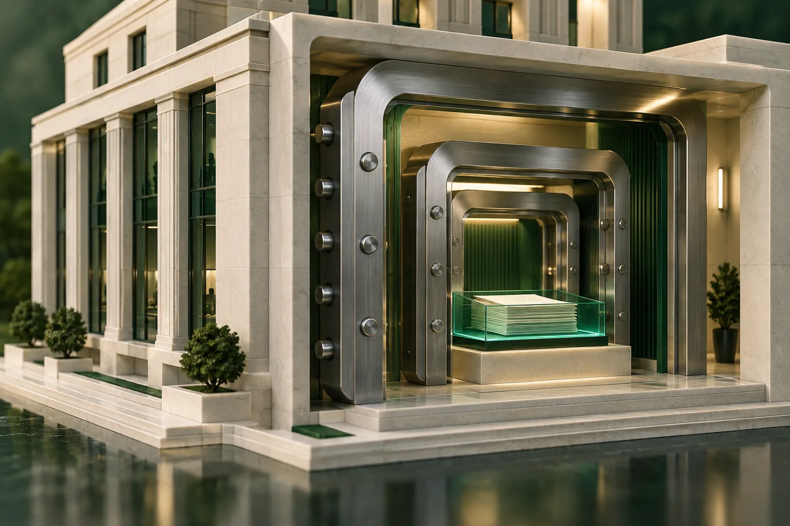 Conceptual institutional building with nested metal review gates and an emerald document tray.