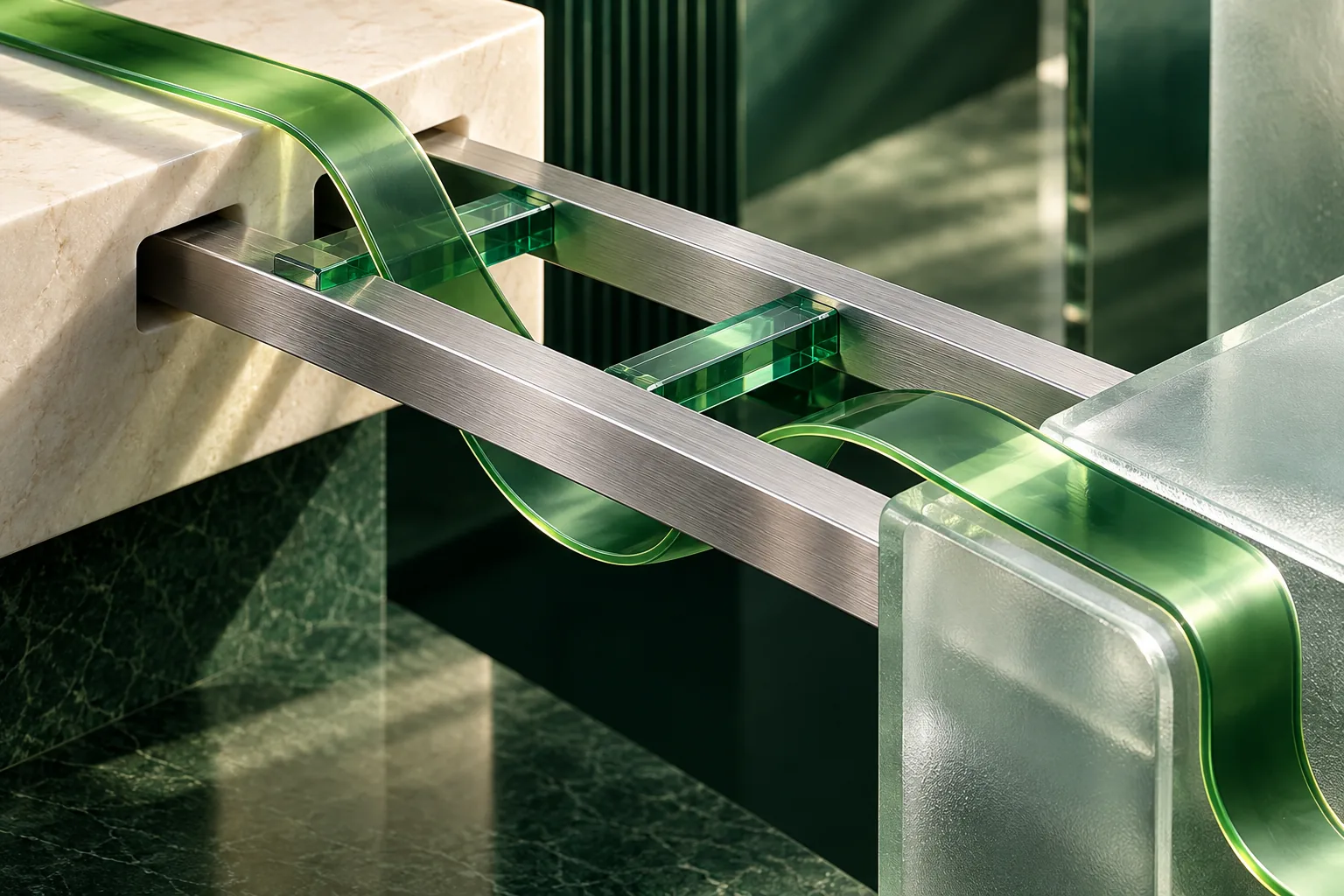 Conceptual emerald transaction ribbon passing across separate metal integration rails.