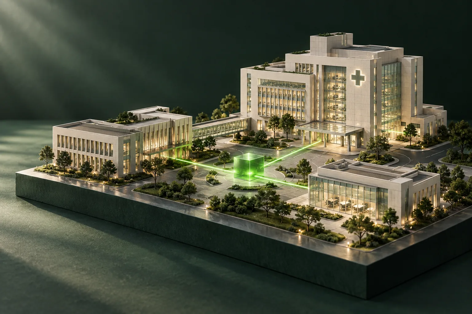Conceptual ivory healthcare campus with separate facilities connected to a green purchasing center.