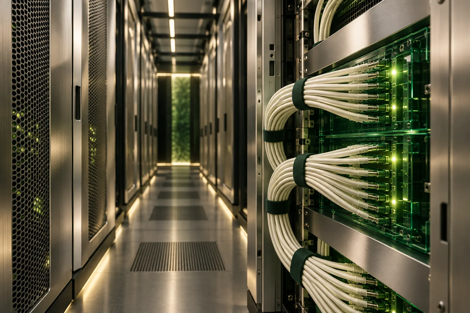 Conceptual server corridor with organized fiber cabling and an emerald connection panel.