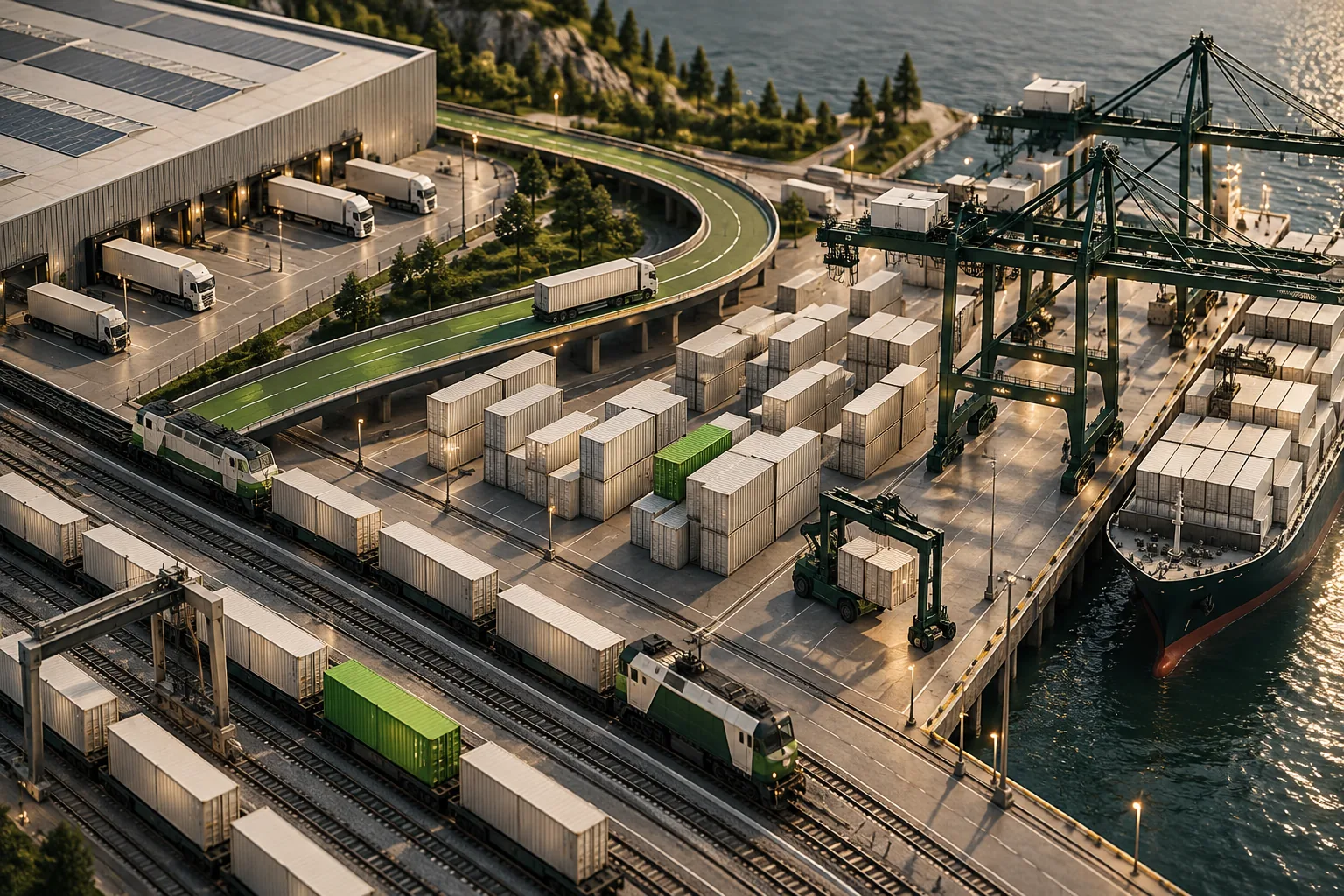 Conceptual intermodal terminal with warehouses, rail lines, shipping containers and a green road.