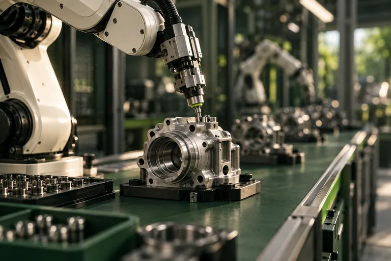 Conceptual robotic arm machining a metal component on a precision production line.