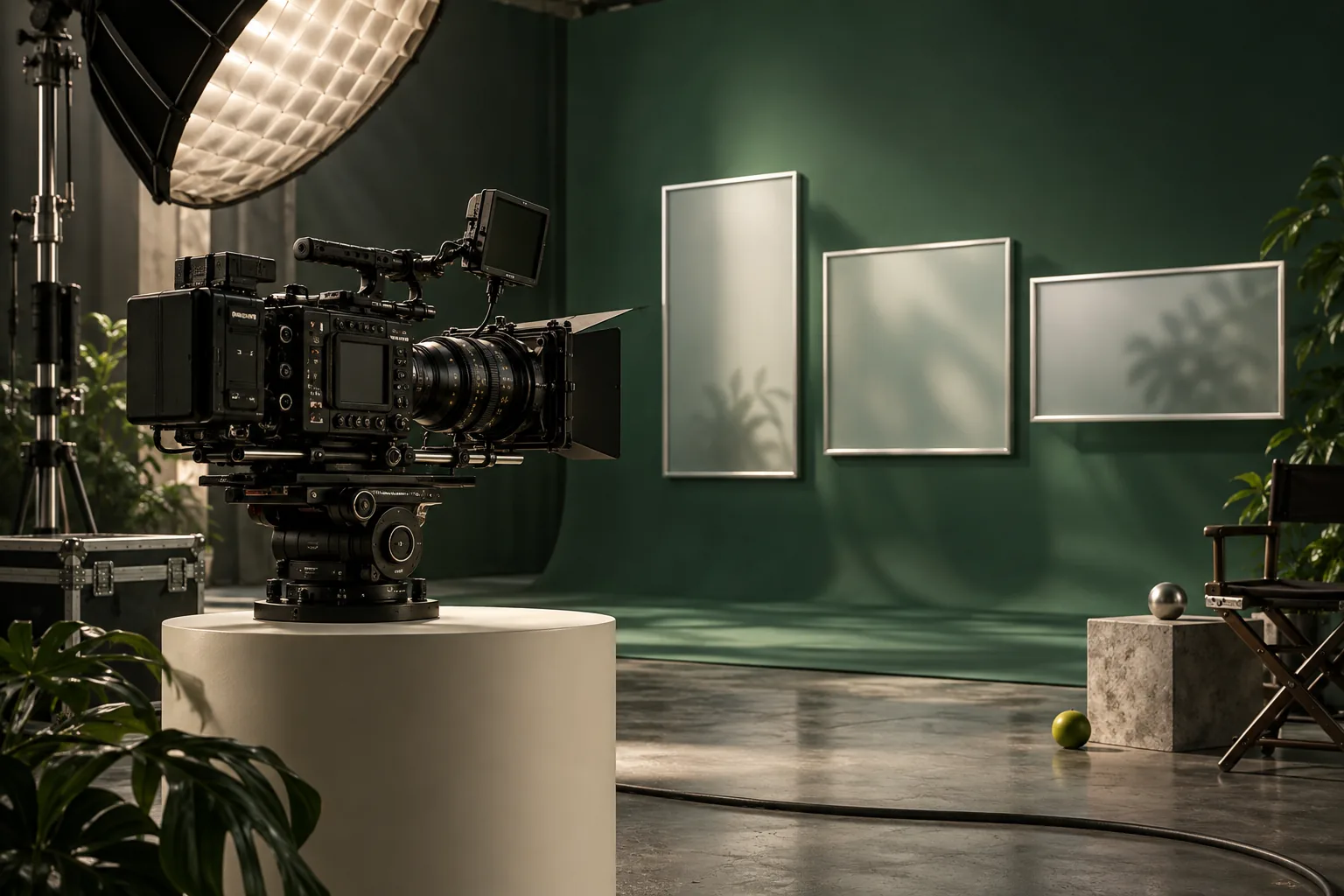 Conceptual cinema-production studio with a camera, softbox and three aspect-ratio frames.