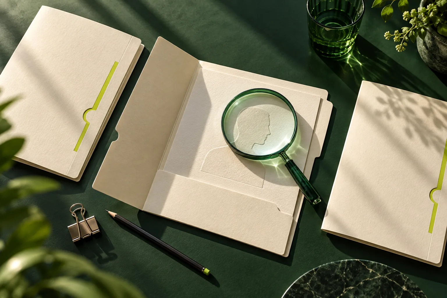 Conceptual recruiting desk with ivory dossiers and a green magnifying lens over an anonymous profile.