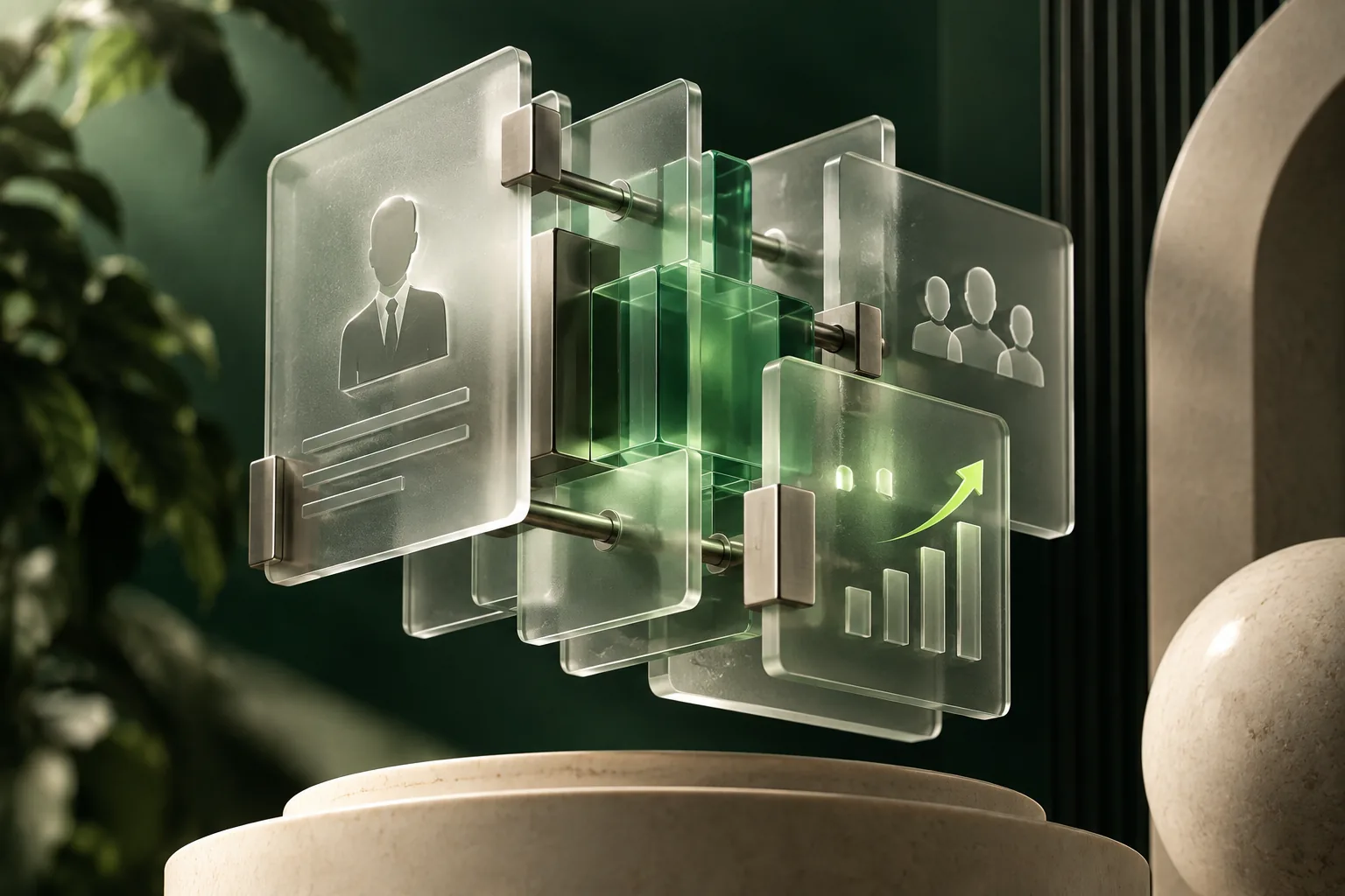 Conceptual frosted-glass software layers connected around an emerald product core.