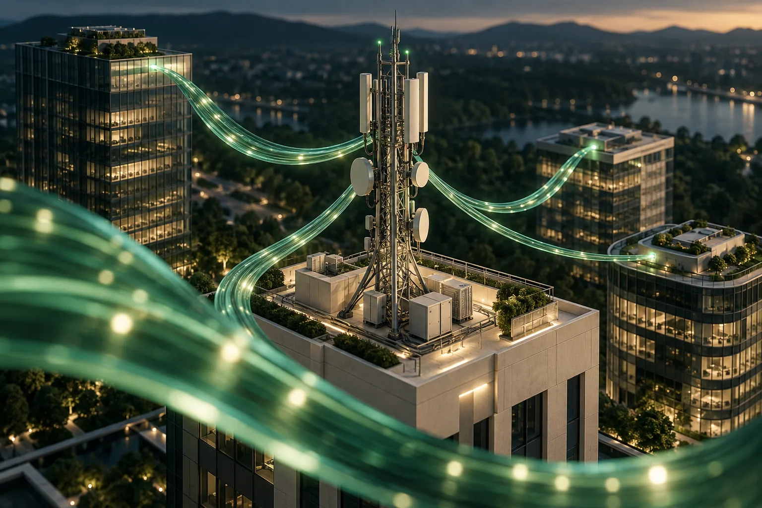 Conceptual telecom tower and three office buildings connected by translucent green fiber.