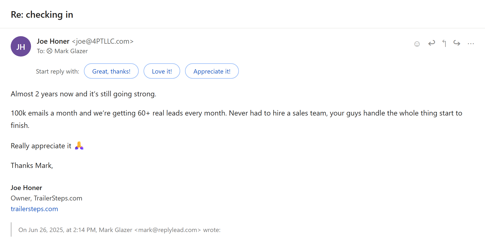 Email from Joe Honer, TrailerSteps.com